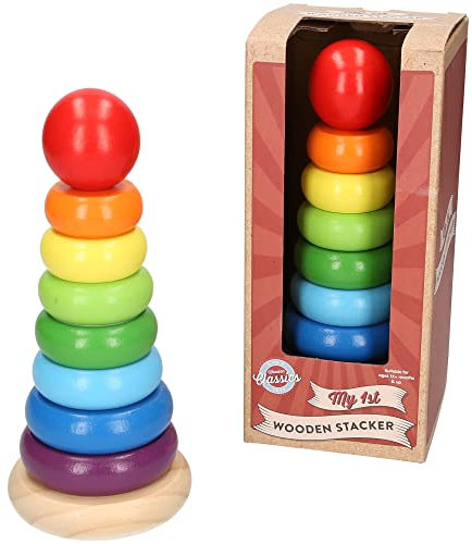 My 1st Wooden Rainbow Stacker Toy, Classic Ring Tower for Ages 12+ Months, 8 Colourful Rings, Red