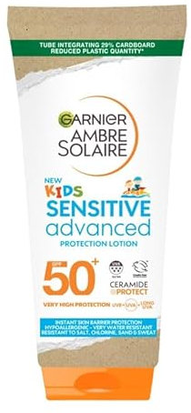 Garnier Ambre Solaire SPF 50+ Sensitive Advanced Kids Sun Cream 175ml, for Face & Body, High UVA UVB Protection, Non-Sticky, Water-Resistant, Sand & Sweat, Hypoallergenic, Fragrance-Free Lotion