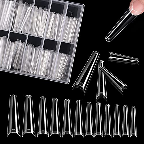 Lot de 240 Pointes D'ongle Extra Longues, XL Faux Ongles 12 Tailles Différentes, Demi-couverture Ballerine cercueil faux ongles en acrylique transparent, Pour Salon d'Ongle DIY Art d'Ongle