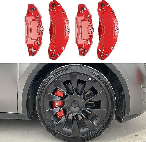 HABURN 4 Piezas Auto Pinza Freno Cubiertas para Tesla Model 3 Model Y 2017 18 19 20 21, AleacióN Aluminio Auto Rueda Freno 3D Durable Guardia Protectora Auto Accesorios,Red