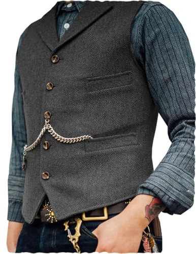 Tuikayoo Herren Tweed Anzug Vintage Weste Herringbone Wolle Abschlussball Weste Trauzeugen（Grau，XXL）