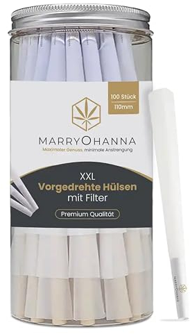 MarryOHanna 100 große vorgedrehte Hülsen mit konische Filter für Joint, [King Size 110mm], Kiffer Zubehör, Pre Rolled Cones Rolling Paper, vorgerollte Longpapers + Trichter und Putter