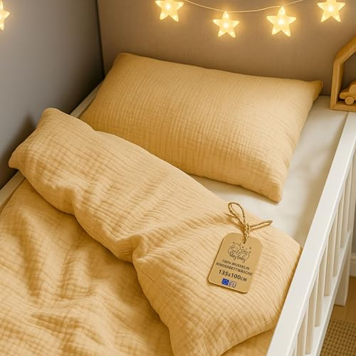 Totsy Baby Mousseline Housse de Couette Enfant 100x135cm - Coton Linge de lit pour Enfants Parure avec Housses de Couette Beige et taie d’Oreiller 40 x 60 cm pour bébé Lits Certificat Oeko-Tex