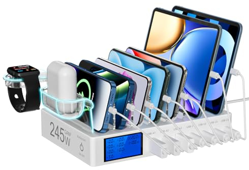 Rsydmny Estación de Carga, 245W 7 Puertos Charging Station, Estacion de Carga con Pantalla LCD, Cargador USB Multiple Compatible con teléfonos tabletas y Otros Dispositivos（Sin Cable de Carga）-Blanco