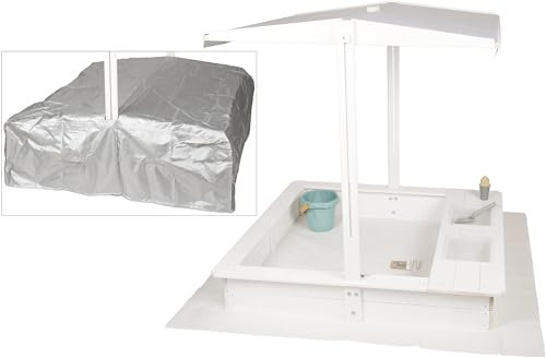 WONDERMAKE® Sabbiera di design con cucina fangosa, tetto, copertura Oxford 420D, pellicola in tessuto non tessuto, sandbox in legno quadrato, richiudibile, per esterni, per bambini, colore: bianco