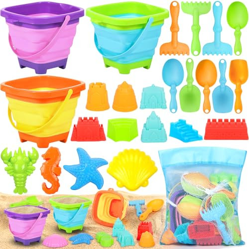 CIANBIFN 24 Stück Sandspielzeug Strandspielzeug Kinder, Sandkasten Spielzeug Kinder mit Faltbarer Eimer, Sandförmchen, Tasche, Sandschaufel, ab 2 3 4 5 Jahre Mädchen Junge