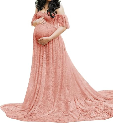 Cynefoa Off Shoulder moderskap spetsklänning enfärgad volang kortärmad graviditetsklänning fotografi rekvisita gravida kvinnor för fotografering klänning