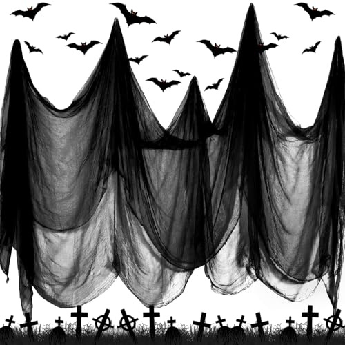 Axinyijia 500x215cm Tela Negra Halloween Décor, Gasa Negra de Terror Halloween Decoracion Exterior e Interior, Paño Espeluznante de Halloween Decoración