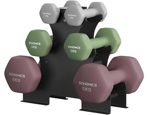 SONGMICS Kurzhantel Set, Hexagon, mit Hantelständer, 2 x 1 kg, 2 x 3 kg, 2 x 5 kg, mattes Finish, Neopren-Beschichtung, Krafttraining, zu Hause, hellgrau, efeugrün und weinrot SYL618MZ02
