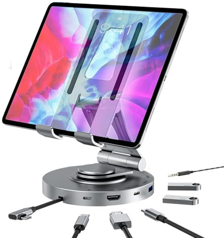 Jectse Soporte de Estación de Acoplamiento de Tabletas, 11 en 1 360 ° Girando el Cubo USB C Ajustable con Lector de Tarjetas, Conector de Sonido de 3.5 Mm, USB 3.0, Puerto de