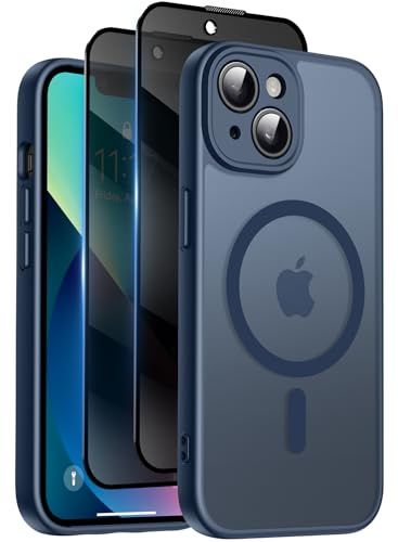 Qasyfanc Coque Magnétique pour iPhone 13 6,1 Pouces avec 2 Verre Trempé Anti-Espion, Compatible avec MagSafe, Étui Mat Translucide Arrière Housse Antichoc Anti-Rayures, Bleu