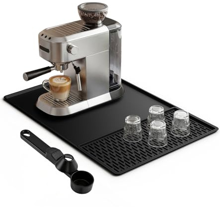 Alfombrilla para Cafetera de Silicona 60 x 40 cm, 2 en 1 con Escurreplatos Desmontable y Bordes Elevados, Antideslizante y Resistente al Calor, Protector de Encimera para Cocina y Coffee Bar