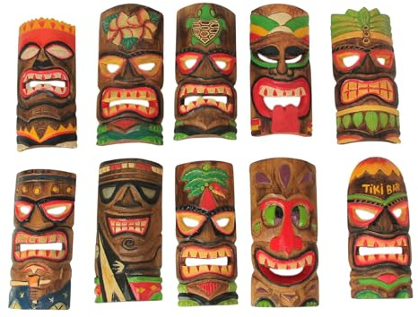 Zeckos 10 Piece Polynesian Party Hand Carved Island Style Wooden Tiki Masks 10 Inch Island Décor