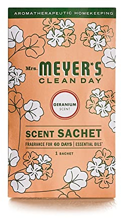 MRS. MEYER'S Clean Day Air Freshener Sachets, Fragrance for Your Locker, Car, Closet, and Gym Bag, Geranium, Pack of 3