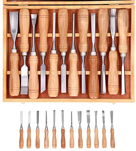 12-teiliges Holzschnitzwerkzeug, Holzschnitzset mit Holzaufbewahrungsbox, CRV Blade Holzschnitzwerkzeuge Meißel-Set für Löffel, Schüssel, Becher Holzbearbeitung