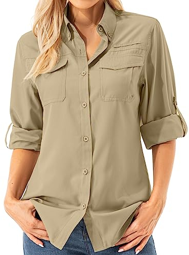 Asfixiado Damen Hemdbluse UV Shirt UPF 50+ Safari Kleidung Wanderbluse Damen Outdoor Cooling Quick Dry Sonnenschutz Langarm Luftiges Hemd（5072 Khaki L）
