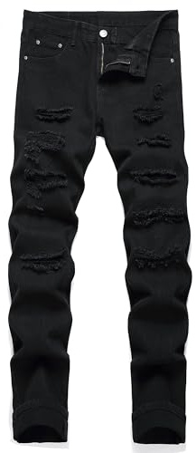 Liuhond Slitna stentvättade jeans med revor och rak passform för män, 28