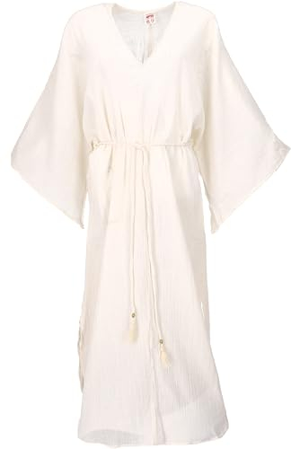 GURU SHOP Boho Sommerkleid, Luftiges Langarm-Baumwollkleid, Maxikleid, Kaftan - Cremeweiß, Damen, Baumwolle