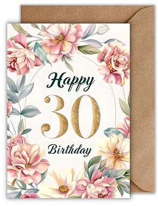 WBdesignz Geburtstag Karte mit Umschlag - Elegante Geburtstagskarte 30 Jahre “Happy Birthday Flower Gold 30ter Geburtstag (DIN A6)