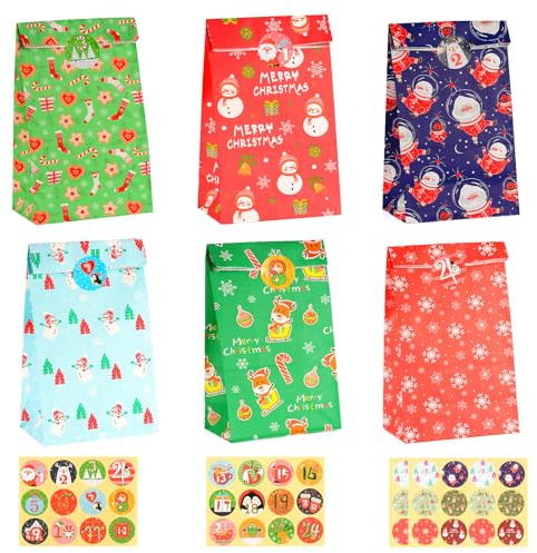 CHEPULA Bolsas Regalo Navidad, 24 Piezas Calendario de Adviento Bolsas para Rellenar, Pequeñas Colores Bolsas de Papel Navidad con 48 Pegatinas, Bolsas de Adviento para Rellenar para Niños Regalo