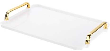 PATIKIL Bandeja de Plástico de 12 x 8,6 con Asas Doradas, Bandeja Rectangular Reutilizable para Servir Postres, Café, Té, en la Mesa de la Sala de Estar, Encimera de Cocina, Blanco