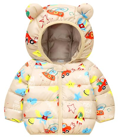 Baogaier Babybarn, vinterjacka, kappa, dragkedja, tryck, mönster, huvjacka, vindtät, varm, ultralätt, ytterkläder, snödräkt för pojkar och flickor, 12 månader – 5 år, GR. 80–110, Beige, 104-110