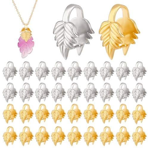 PH PandaHall 40pcs 2 Colours Brass Ice Pick Pinch Bails Jewellery Bails Pendant Connectors Leaf Shape Links for Jewellery Making Necklace DIY Handicrafts 17x11mm, Silver/Golden