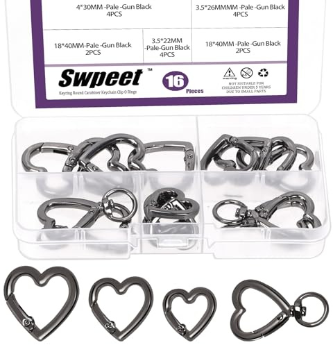 Swpeet Kit assortito di 16 anelli a molla a forma di cuore e moschettoni a molla a forma di cuore, 3 misure, colore nero, per fai da te e artigianato