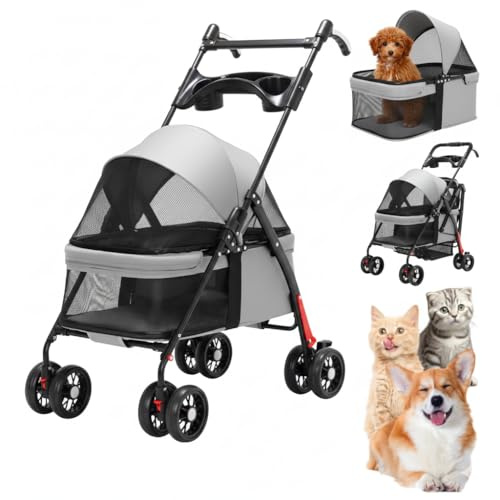 Lightweight Pet Travel Stroller,Foldable 4-Wheel Pushchair for Cats & Small Dogs,Includes Cup Holder,Comfortable Trolley for Puppies,Grey