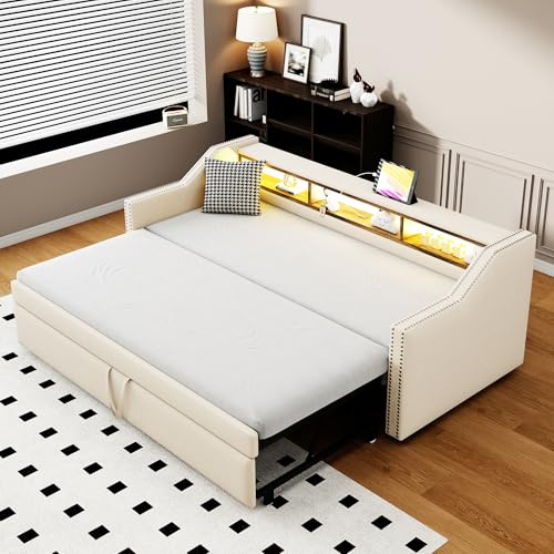 Oxtao - Letto imbottito con divano letto estraibile 90/180 x 190 cm, letto diurno con LED e funzione di ricarica USB, letto diurno con vano portaoggetti multifunzionale, lino, senza materasso (Beige)