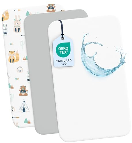 Dreamzie 2 Lenzuola culla Neonato + 1 Coprimaterasso Impermeabile Lettino con Elastico - 100% Cotone Per Culla Co-sleeping, Lettino - 55x90 cm Fox