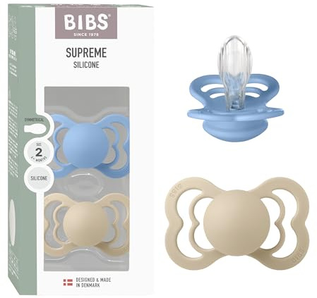 BIBS Supreme Dummy, 6-18 Months, 2-Pack, Vanilla/Sky Blue | Symmetrical Silicone Teat | Size 2 | BPA-Free | Made in Denmark | High Teat Acceptance | Airflow Holes | Comfort Shield