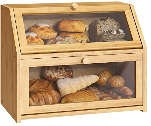 BMOSU Farmhouse Bread Box for Kitchen Countertop Bread box Double Layer Bamboo Wooden Extra Large Capacity Bin Kitchen Food Storage Container(Natural)