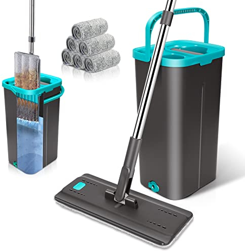 Myiosus Juego de Fregona con Cubo, Mopa Fregona con Cubo Escurridor, Mango de Acero Inoxidable de 144 cm y 6 Almohadillas de Microfibra, Mopa Plana para Suelos de Madera Dura y Laminado