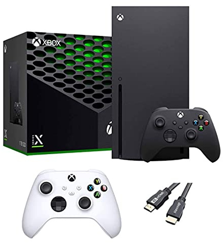 X-Box Series X Gaming Console Bundle - 1TB SSD Black X-Box Console with Two Wireless Controllers -Black and White -and ahaghug Authorized HDMI Cable