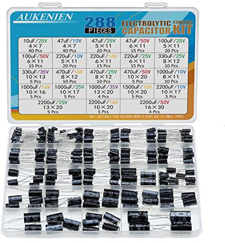 AUKENIEN 23 värde 288 stycken Elkos kondensatorsortiment elektrolytisk kondensatoruppsättning från 10 uF till 2 200 uF 10 V 16 V 25 V 35 V 50 V Elko kondensatorer aluminium kapacitor kit