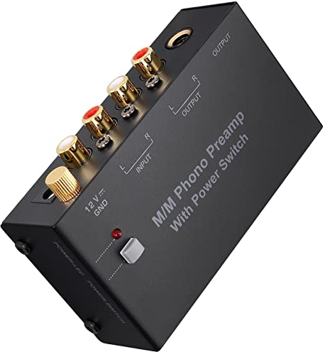 LiNKFOR Préampli Phono Mini Préamplificateur Audio Stéréo Métal Faible Bruit avec Interrupteur d'alimentation,Entrée RCA,Sortie RCA et 1/4 TRS, Adaptateur Secteur Certifié DC 12V