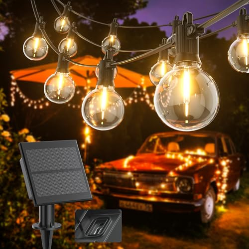 Kawaya Guirnaldas Luces Exterior Solar, 10M Cadena de Luces USB Recargable LED Luces Solares Exteriores Jardín 5 Modos con 15+1 Bombillas G40 para Exteriores Boda Terraza Garden Fiesta Blanca Cálida