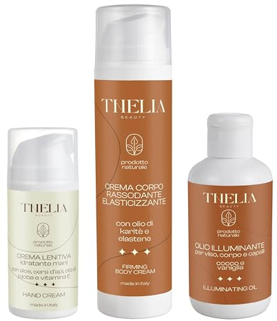 Thelia Beauty | Körper-Set mit straffender und elastischer Körpercreme, beruhigender Feuchtigkeitscreme und aufhellendem Öl für Gesicht, Körper und Haar, ohne Parabene, Naturprodukt, Made in Italy