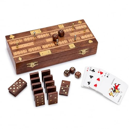 Ajuny Set da Gioco in Legno per Cribbage, Domino e Dadi – 28 Tessere da Domino, 5 Dadi in Legno e 6 Clip in Metallo e Carte da Gioco con Scatola di Conservazione per Unici Regali da Viaggio per