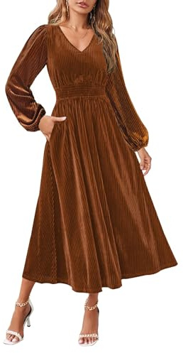 ZESICA Women's Velvet Midi Dress 2025 Casual V Neck Long Sleeve Solid Color Elastic High Waist Flowy Evening Party Dresses Caramel Small