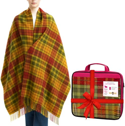 BRAW CLANS TARTANS Soft wool Tartan Poncho Blanket cape made in Scotland - Ruana cloak style - full body shawl - Mothers day Gift - Home, Travel, Camping - Buchanan Autumn Tartan