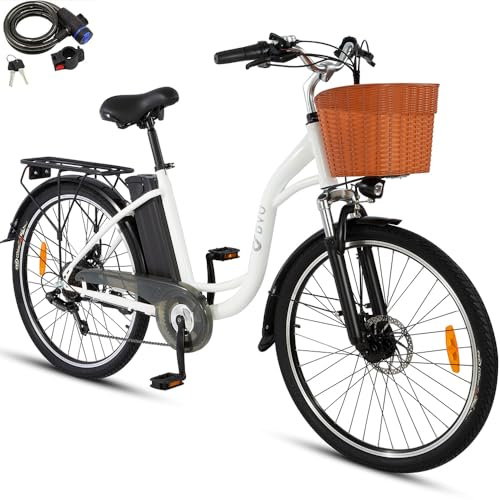 DYU C6 Vélo Électrique, 26 Vélo Électrique pour Adultes, 36V 12,5Ah Batterie Amovible, 65 km Autonomie, 7 Vitesses, 250W Moteur, E-Bike avec Panier, Frein à Double Disque, Blanc
