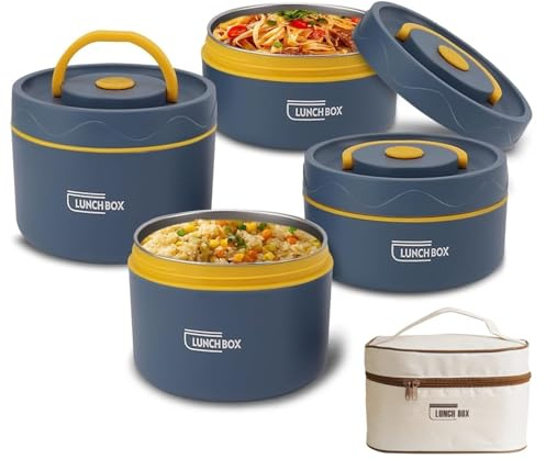 Tissting 4 Tarro de Termo Comida Caliente, Lonchera Apilable (420 ml/550 ml), Tarro Termico, Portátil a Prueba de Fugas Contenedor de Almuerzo Aislado de Acero Inoxidable 304 con Tapa y Bolsa Térmica