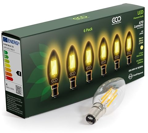 ECO 40W Equivalent 4W LED Filament Candle Light Bulb, 470 Lumens, Warm White 2700K, B15 Small Bayonet, 25,000hrs Lifetime. (6xPACK)