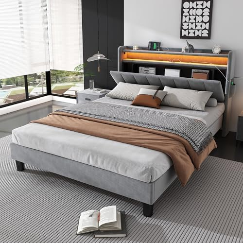 BTM Double Bed Frame, Upholstered Bed with Lower Flap Door Storage, LED Light Strip and 4 USB Port, 4FT6-135x190cm, Velvet, Grey(No Mattress)