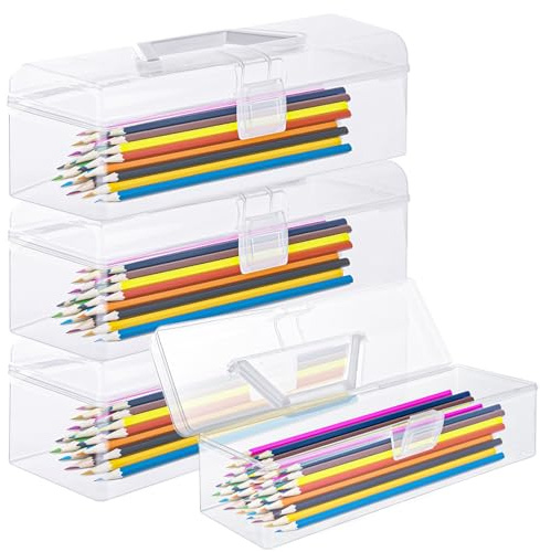 LDHHYH 4 Pack Stackable Pencil Box, Plastic Pencil Box for Pen Pencil Storage, Clear Pencil Cases with Lid for Office School Supplies Home Use, 30x9x8.5cm