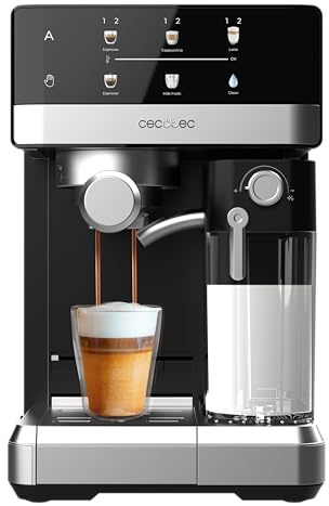 Cecotec Cafetera Express Power Espresso 20 Touch & Cream Descaling Tablets. 1350W, 20Bares, Pantalla Táctil Recetario, Espumador, Thermoblock, Depósito Leche 500ml, Agua 1.8L, Autolimpieza, Accesorios