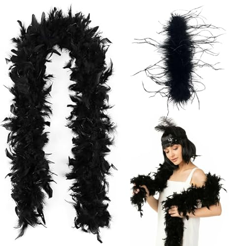 TenaLucy 2 Stück 20er Jahre Accessoires Boa, Kostüme für Erwachsene Federboa Schwarz, 20er Jahre Accessoires Damen Schwarze Federn, Schwarze Federboa für Partys Weihnachten Hochzeiten Kostüme