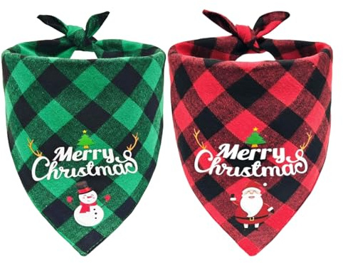 2 Pcs Christmas Dog Bandanas, Holiday Plaid Dog Christmas Bandana, Adjustable Cat Kerchief Dogs Neckerchief, Xmas Pet Costume Accessories for Puppy Small Medium Large Pet